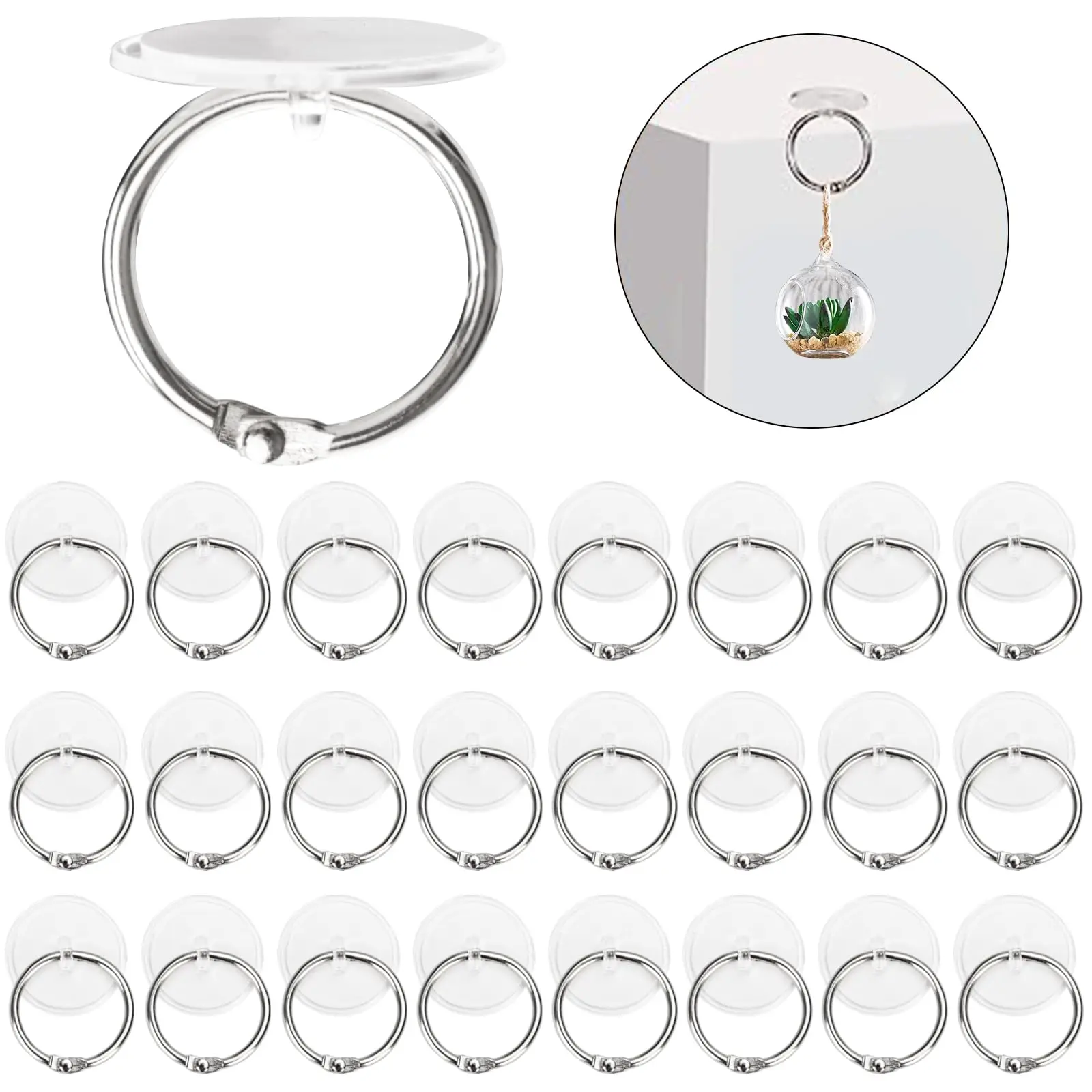 30 Pcs Self Adhesive Ceiling Hook Small Disc Hanging Hook with 3 cm Stainless Steel Ring Clear Waterproof Wall Hooks