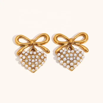 Dingran High Quality Stainless Steel Pearl Heart Bow Stud Earrings Jewelry For Party Gift