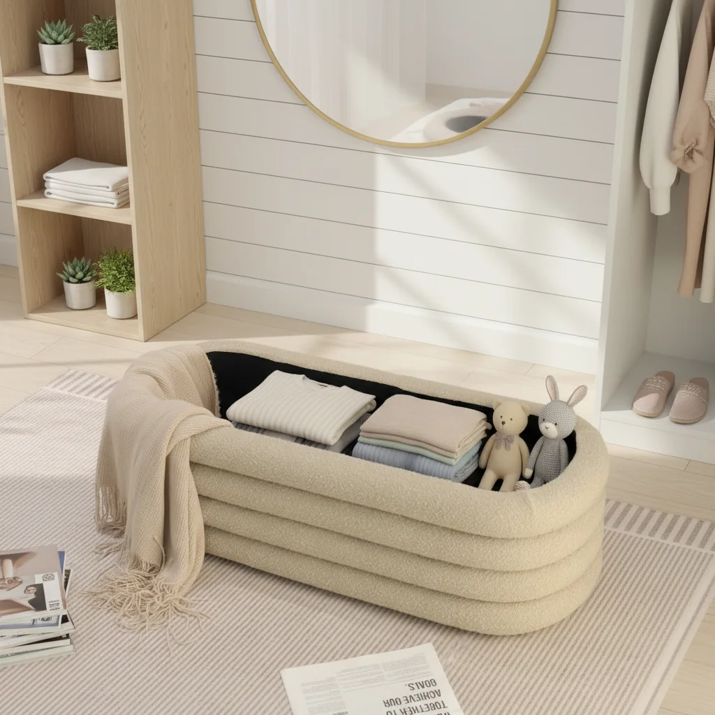 New Design Factory Wholesale Modern Design Long Size Large Flowing Appearance Fabric Foot Rest Stool Seat Storage Ottoman Bench
