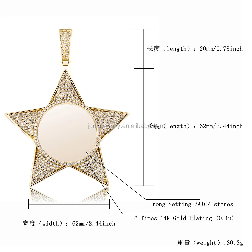 Personalised Hip Hop Photo Necklace Custom Picture Pentagram Necklace Memory Five-Pointed Star Pendant Zircon Necklace for Men Women 