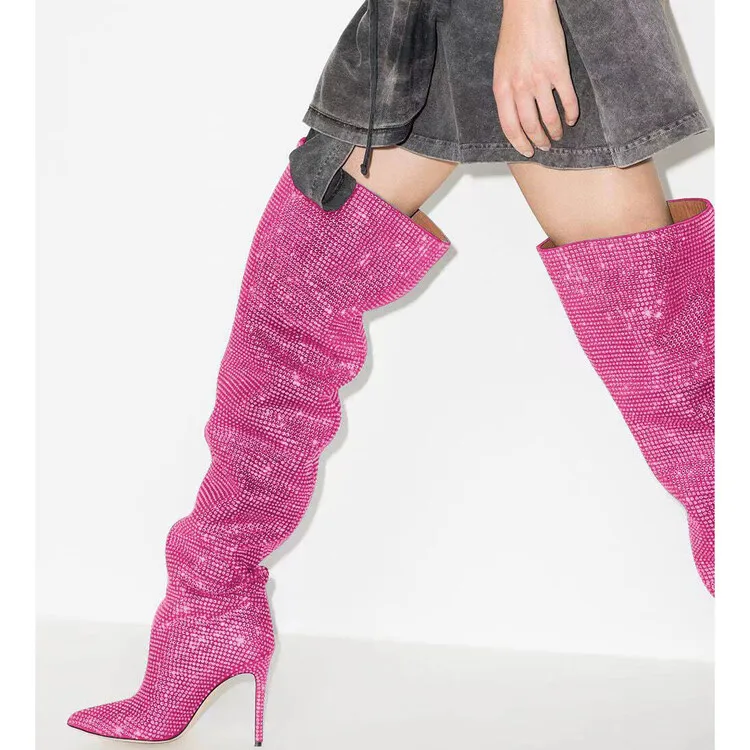 Hot Pink Botas Largas Rhinestone Western Style Tube Stocking Heel Plus Size  Over the Knee Thigh High Boots