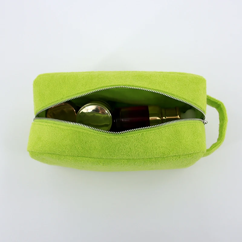 Custom Logo Zipper Soft Terry Cloth Fabric Women Cosmetic Makeup Make up Toiletry Pouch Bag with Handle