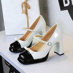 9988-H88 Women's High Top Mary Jane Shoes Waterproof Platform Bow Tie Single Strap Pearls Square Toe Chunky Heel High Summer