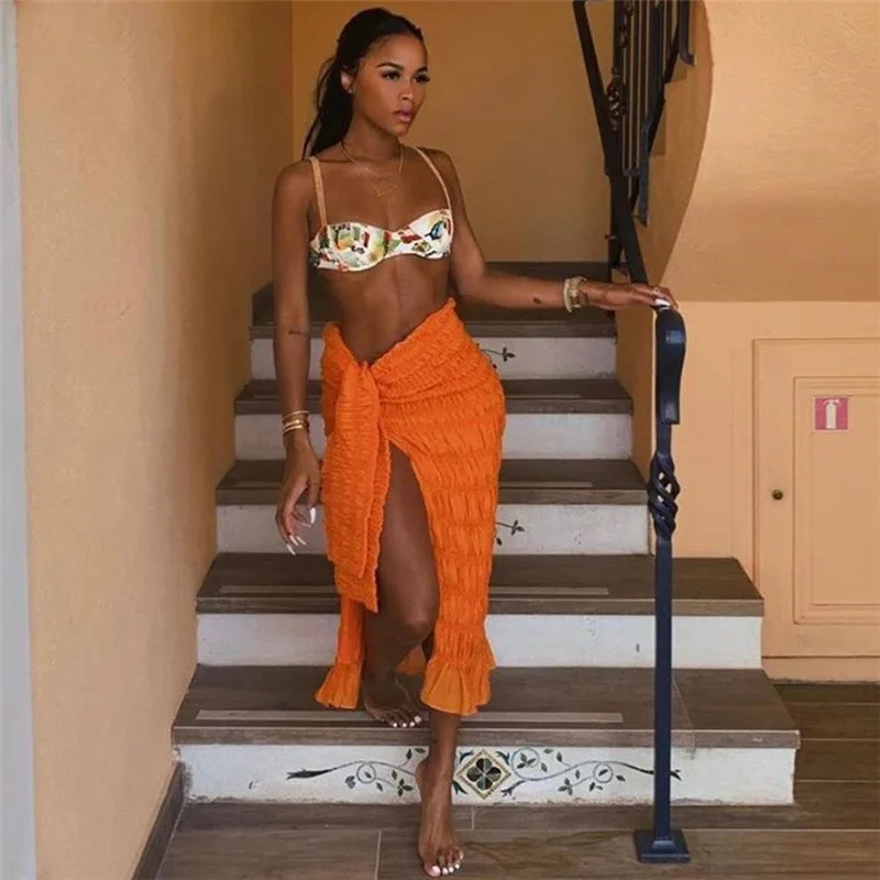 New Women Casual Dresses Sexy Ruffles Wrap Orange Skirt Party Dress Summer Clothing Fashion 2021FD96879105