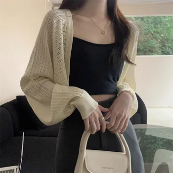 Summer Fashion Women's Short Cropped Cardigan Thin Shawl Outerwear with Long-Sleeve Knit Top Petite Jacket Hollow-Out Design