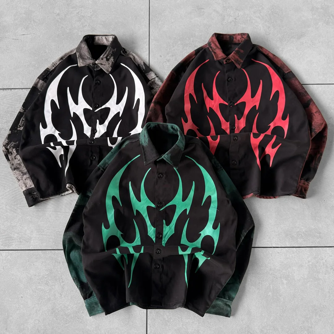 Hurtownicza koszula z długim rękawem w stylu gotyckim z motywem płomieni, kaszmirowa koszula do noszenia na co dzień z efektem tie-dye i guzikami, przeznaczona dla mężczyzn