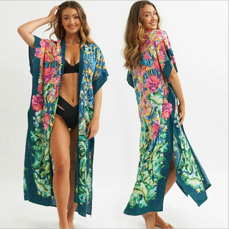 COOKI Womens Chiffon Floral Print Long Kimono Cardigan Loose Shawl Sheer Kimonos Beach Open Front Cover up Dress 