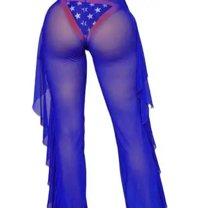 Women's See Through Mesh Beach Cover Up Pants - High Waisted Tie Front Wide Leg