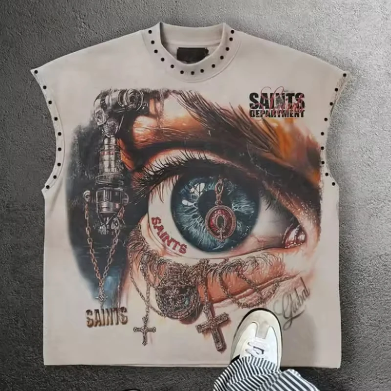SALATI Custom Cropped Boxy Fit Round Neck Rhinestone Heavyweight Soft Cotton Flare Sleeveless Vest Oversized Gym t Shirt