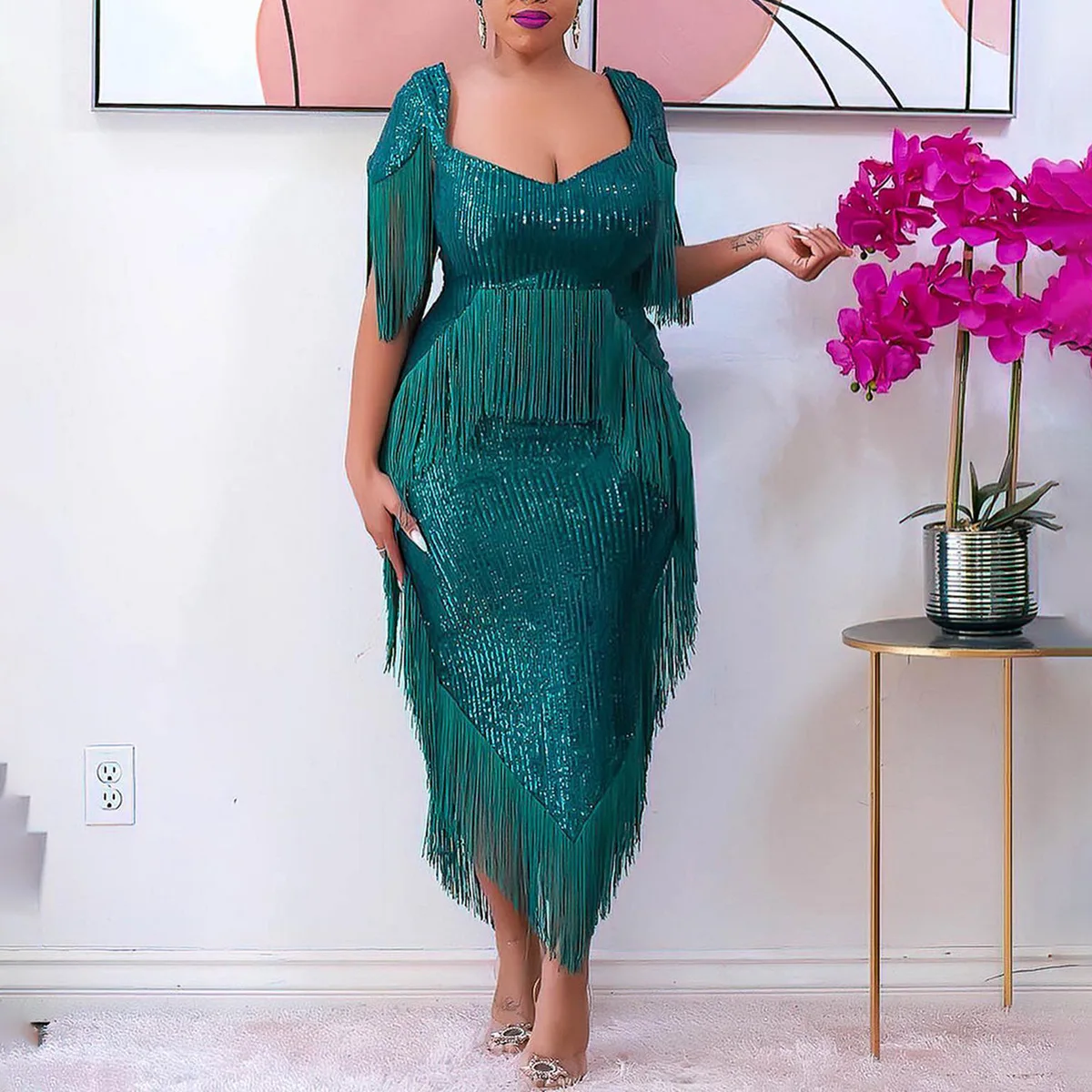 green emerald velvet dress Emerald Green Sequin Off Shoulder Tassel Short Homecoming Dress Cockta –  prommirror main image 1
