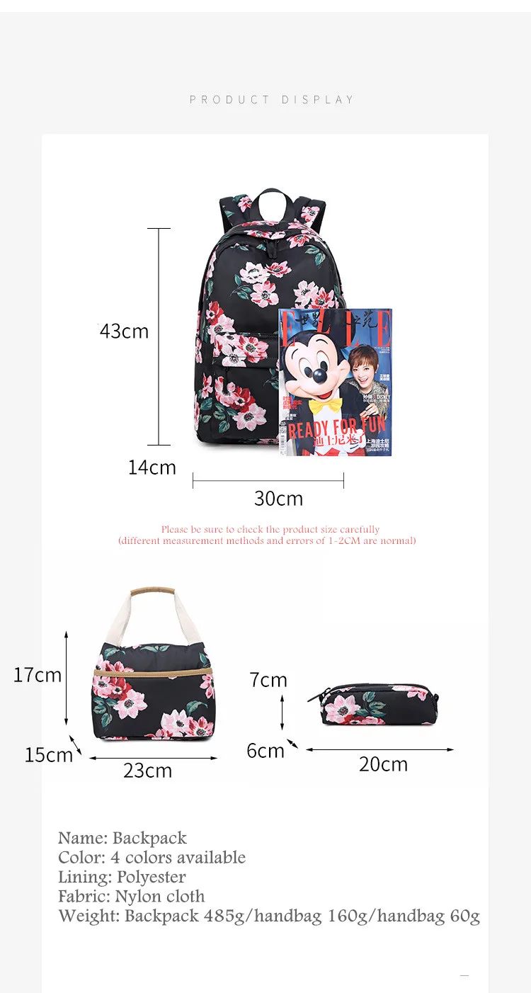 Personalised School Bags with Lunch Box Black Flower Backpack Bulk Character Satchel