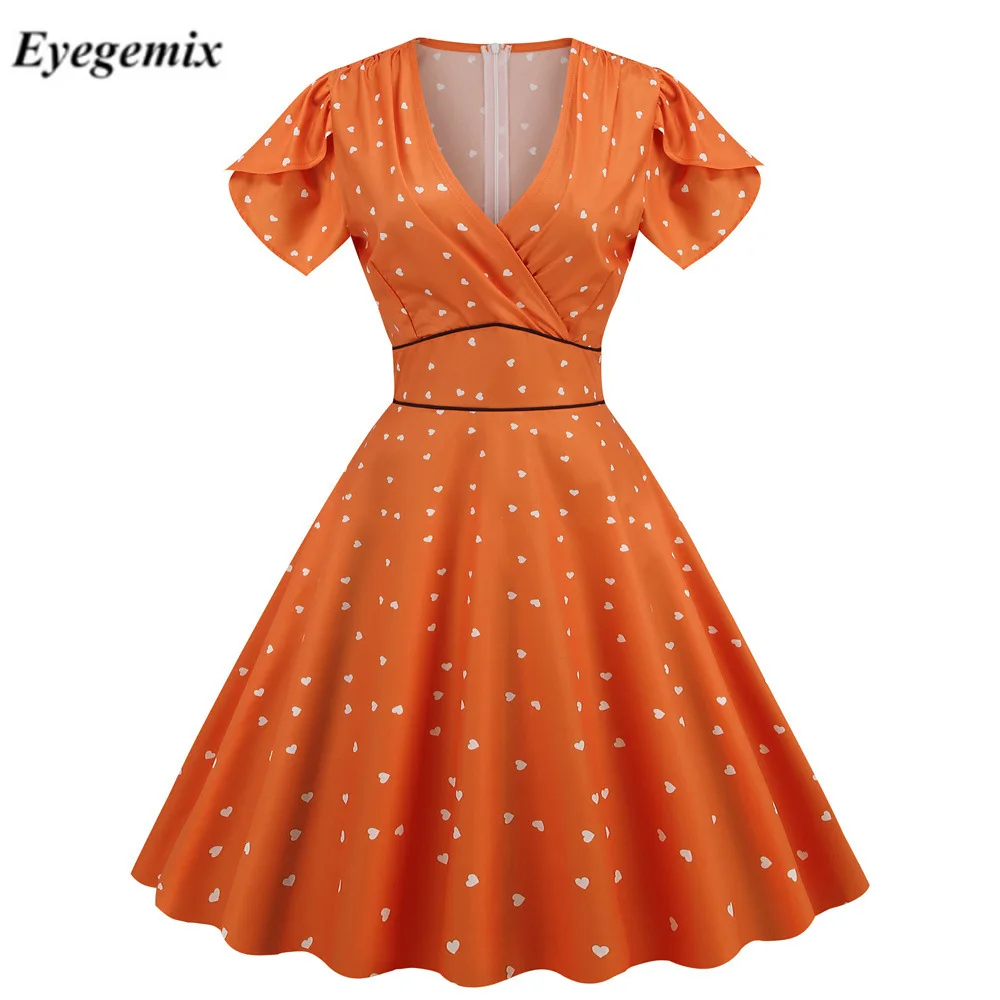 Vintage 60s 50s Big Swing Summer Dress Women 2025 Causal Robe Midi Pin-Up  Tunic Sundress Short Sleeve V Neck Party Vestidos 3XL
