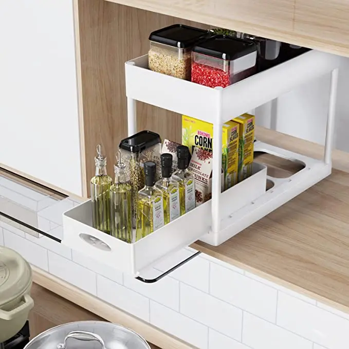 Multifunctional Sliding Cabinet Basket Counter Storage Organiser Bathroom Countertop Shelf Kitchen Sliding Cabinet Basket