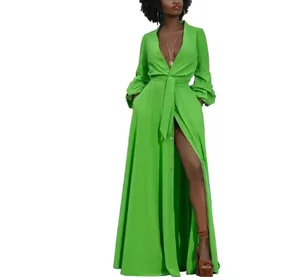 Autumn New Arrival Bohemian Midi Dress for Women Solid Color Long Sleeve Deep V-Neck Breathable Casual Split Lace Eco-Friendly