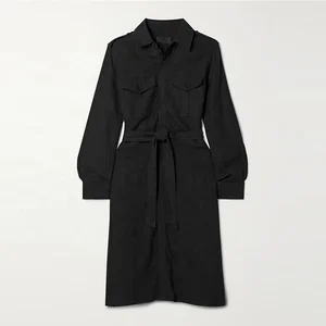 Clothing Manufacturer Custom Spring Autumn Black Polo Collar Long Sleeve Belted Women Linen Tulle Shirt Dress