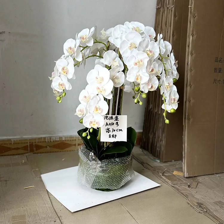 P010 Artificial Orchid In Gold Vase White Faux Orchid Plant In Gold
