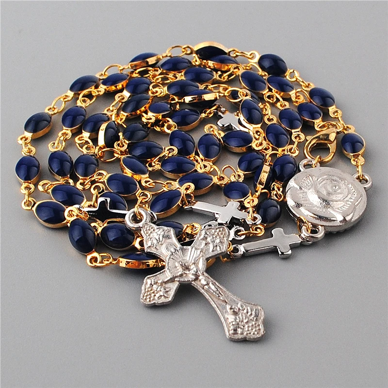 Mini Cross Connector Medal and Dark Blue 14K Real Gold Plated Beads with  Copper Chain Rosary Catholic Necklaces for Gifts