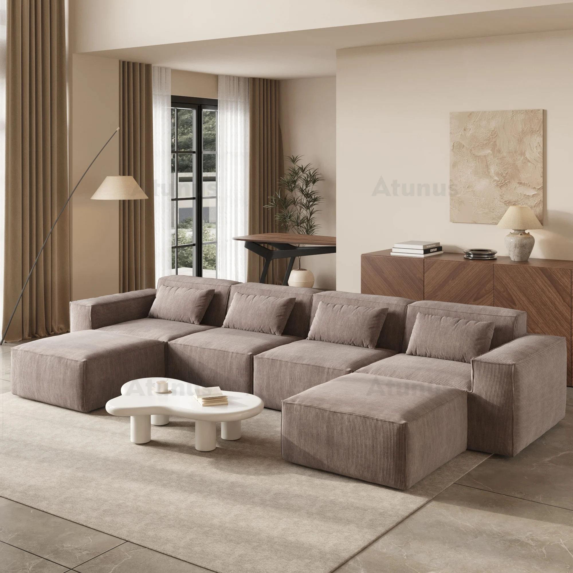 ATUNUS French Brown Compress in Stock White L Shape Sofa 4 Seater  Modular Sectional Sofa Corduroy Fabric Living Room Couch Set