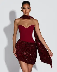 Strapless Back Lace-up Scarf Sexy Mini Dress Women Sparkle Backless Sleeveless Ruched Skinny Club Party Dress