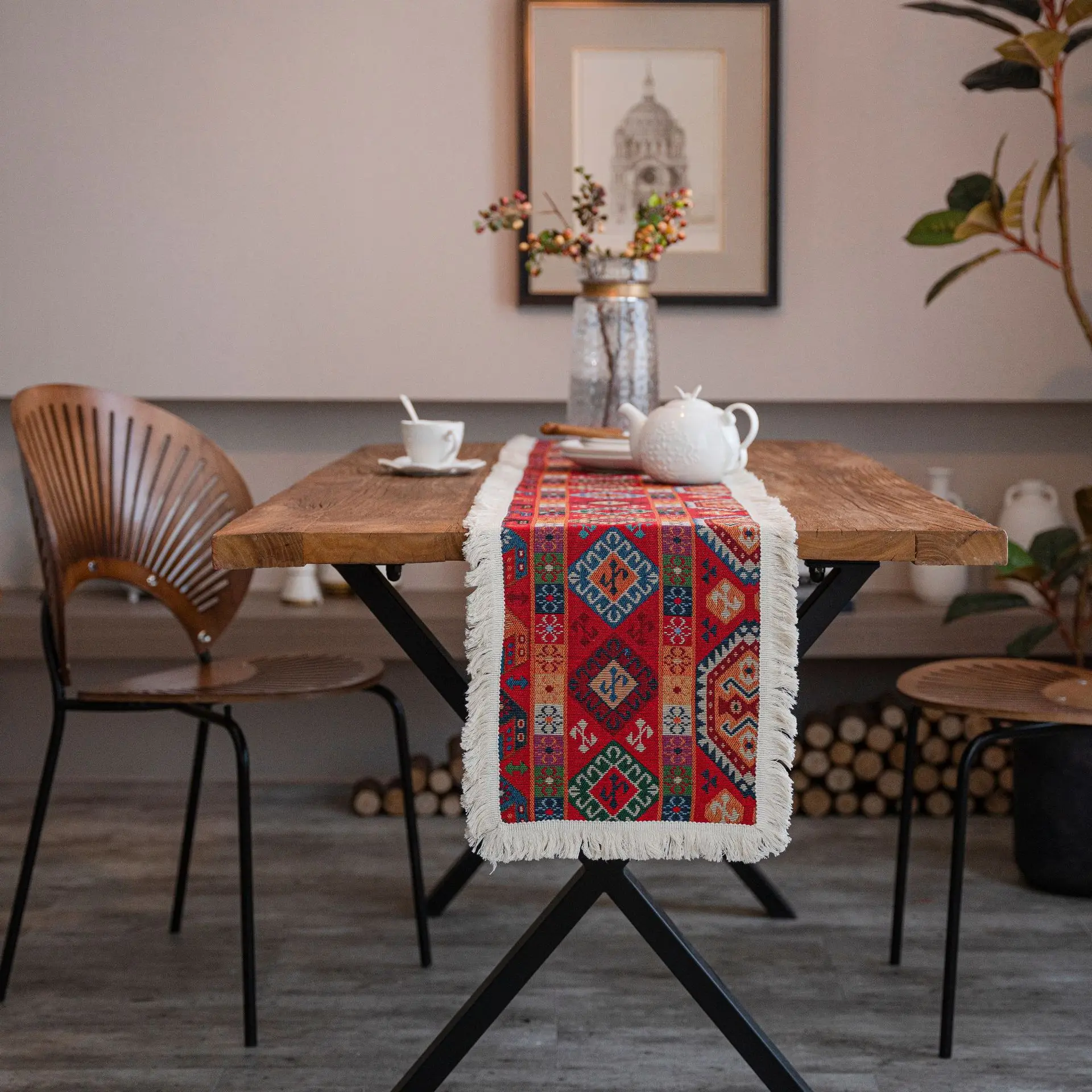 American Style Custom Dining Table Runner Artistical Tassel Cotton