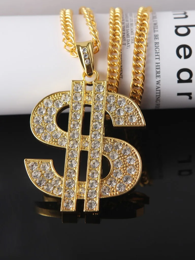 Fashion Man Teen Hip Pop Long Chain Gold Plated clear Rhinestone