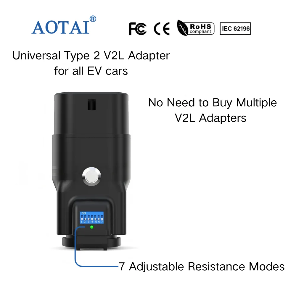 AOTAI New 7-Level Adjustable Resistance 16A 3.5kW Universal V2L Adapter Type 2 to Schuko for All EV Vehicles