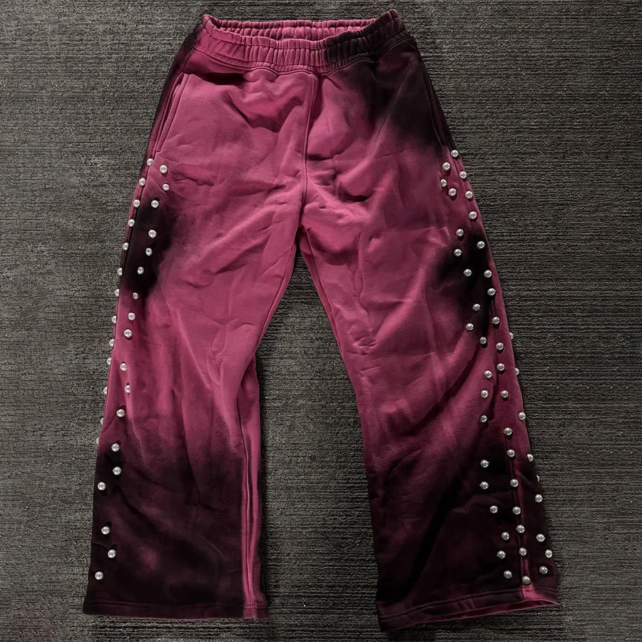 SALATI Street Wear Custom 100% Cotton French Terry Trouser Drawstring Bubble Beads Pants Dirty Wash Flare Sweat Pants for Men gallery 7