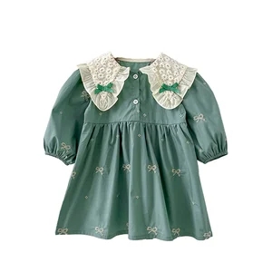Korean Baby Girl Dress Large Lapel Bow Embroidery Long Sleeves 100% Cotton A-Line Knee-Length Autumn Fashion Washable Breathable