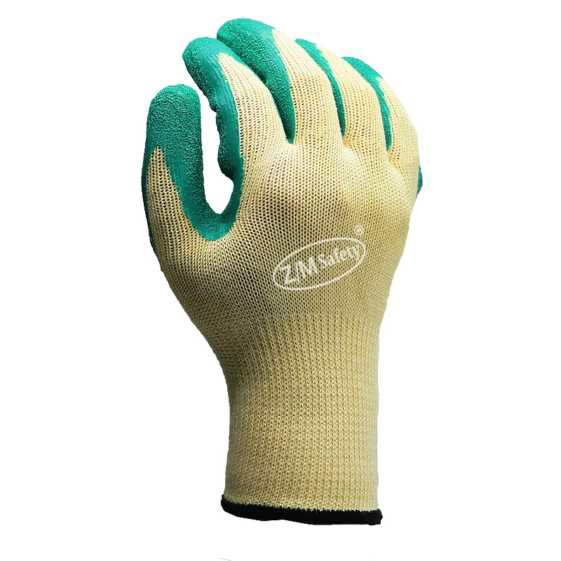 10Gauge Thread Yellow Cotton Shell Palm Non-slip Green Crinkle Latex  Coated Gloves for Construction