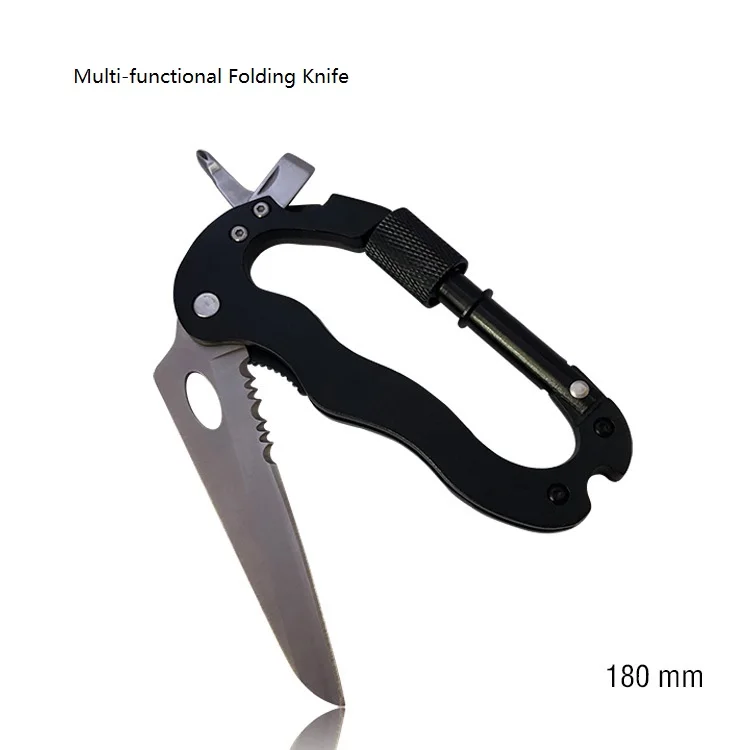 Multi-functional 5 in 1 Aluminum Climbing Hook Gear Multi Carabiner With Knife Tools Outdoor