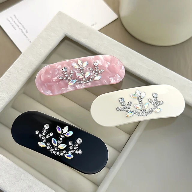 Handmade Acetic Acid Oval Hair Clip Solid Color Light Luxury Rhinestone Bangs Clip Elegant Simple High-end Hairpin