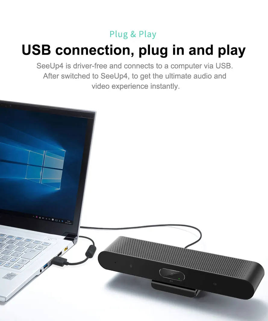 Камера SEEUP 4 4K подключается к компьютеру или ноутбуку через USB для простой установки и подключения видеоконференций