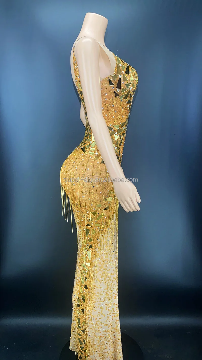Elegant Gold Mirror Dress - Maxi Luxury Rhinestone Clubwear