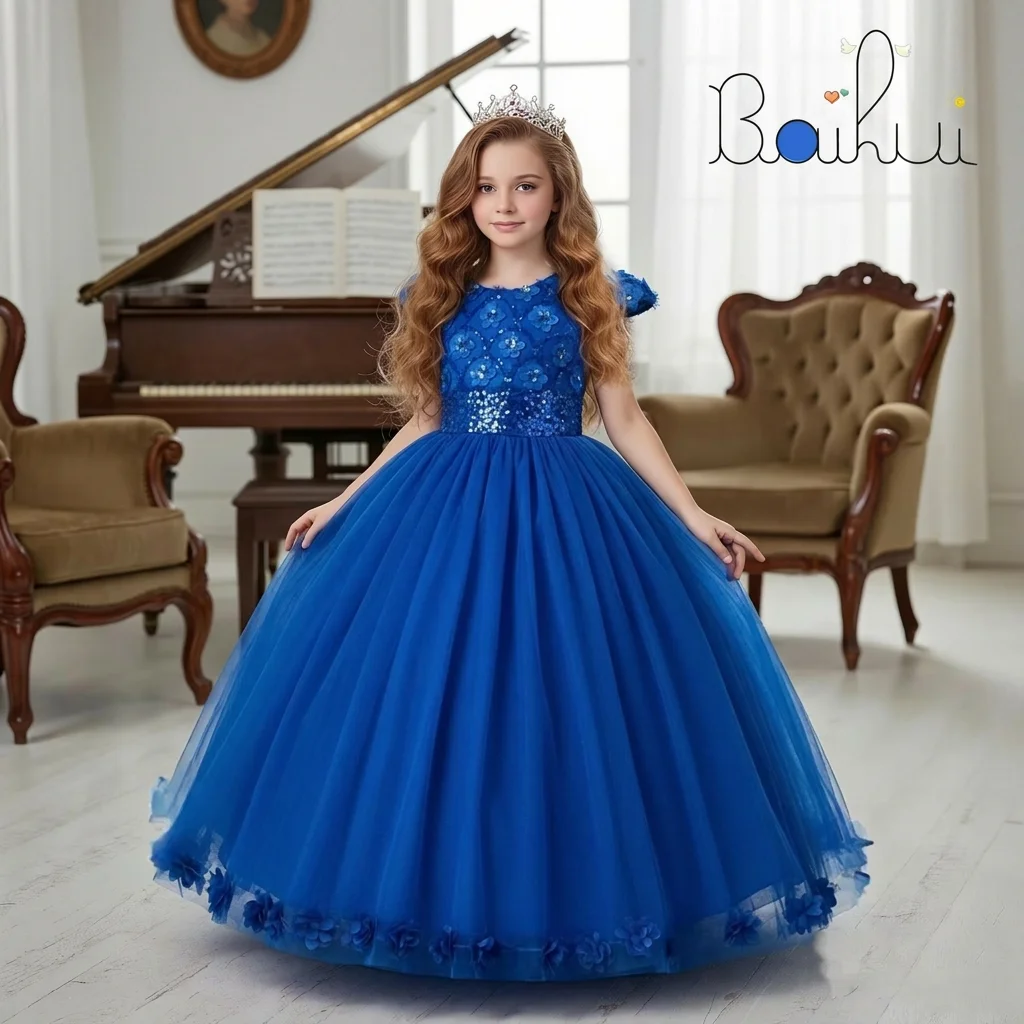 princess dresses size 10-12 Plus Size Spring Girls Dresses Size 10-12 Formal Ruffle Sleeve Satin Dress Crew Neck Tulle Flower Girl Dresses for Wedding Party Princess Dress Up for Girls 4-6 Birthday Dress,Royal Blue 11-12 Years -
