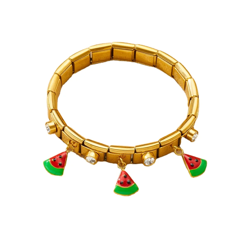 Handmade 18K Gold Plated Stainless Steel Chain Link Bracelet Casual/Sporty Women Men Elastic Crystal Rhinestone Geometric Fruit