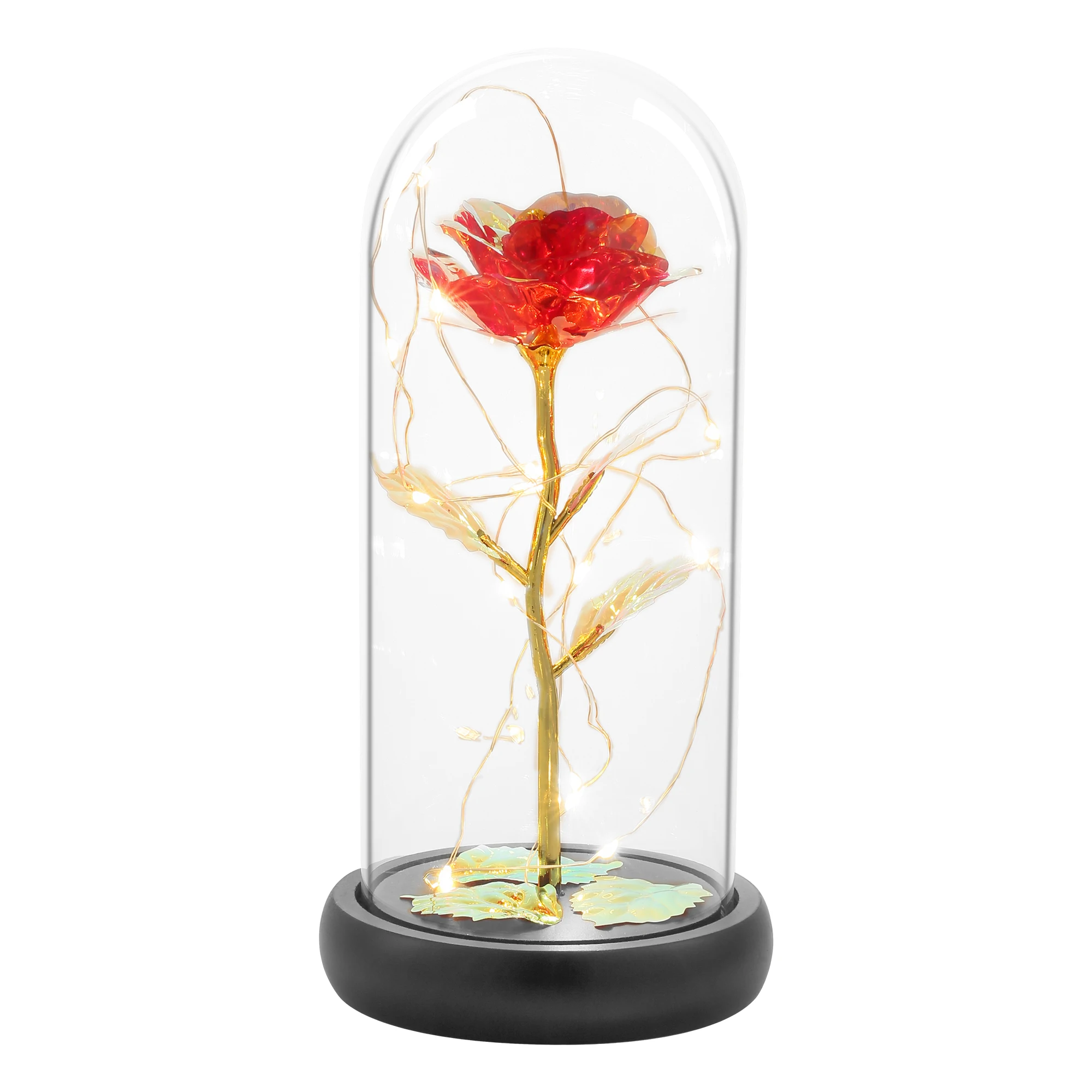 chrocht flower for salee golden rose met led string lights in glas dome rose in glass dome