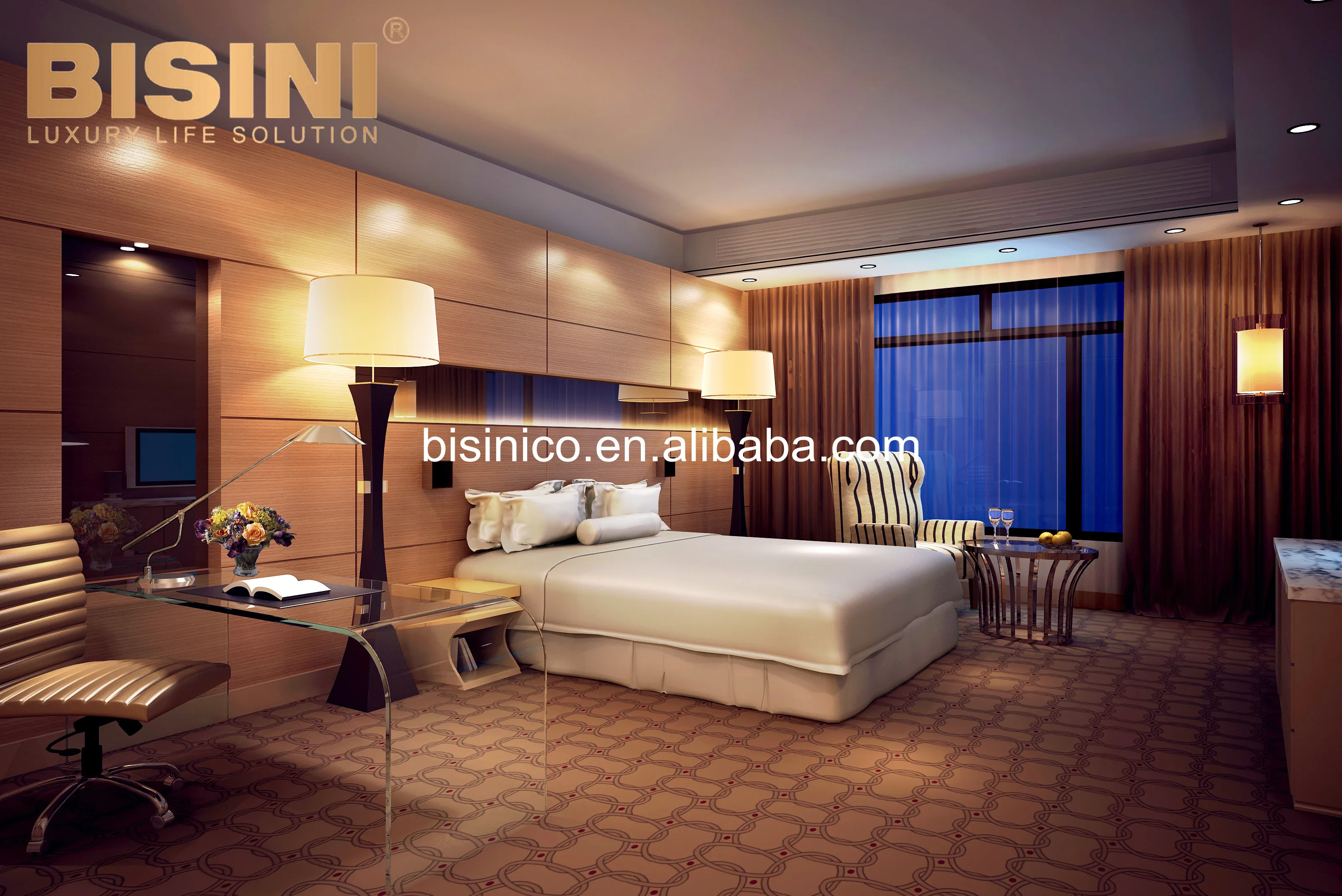 
 Современный коридор отеля, 3D изображение интерьера и экстерьера из полных материалов  