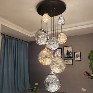 Contemporary Nordic Hotel Lobby Decoration Staircase Blown Glass Bubble Globe Led Chandelier Light for Villa