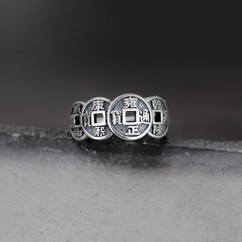Fengshui Jewelry Adjustable Ring Retro Silver Color Adjustable Auspicious Five Emperor Coins Rings for Men