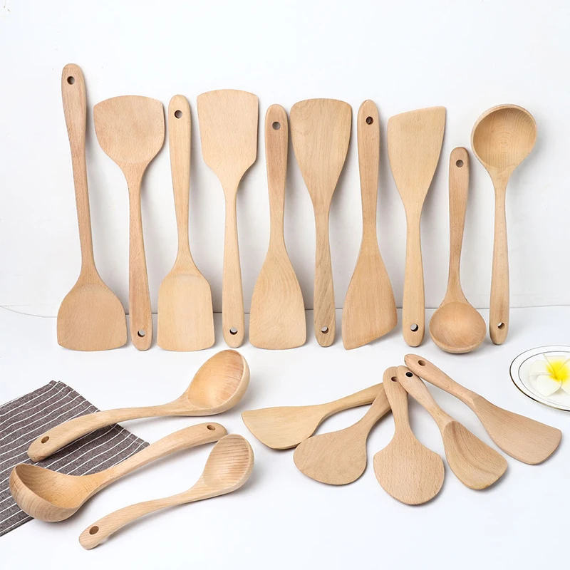 Bamboo Wooden Spoons Spatulas Set Kitchen Heat Resistant Non Stick