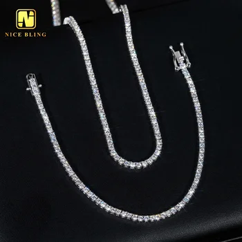 Hip hop fine jewelry tennis necklace vvs d moissanite tennis chains unisex 2mm sterling silver gold plated tennis chains
