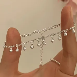 S925 Sterling Silver Beaded Tassel Bracelet Zircon Niche Design Simple All-Match Bean Small Silver Ball Bracelet for Women