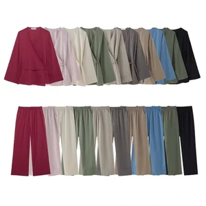 2025 Summer Long Sleeve Women's Top and Bottom Set Tied Kimono Long Tops Pajama Baggy Pants Suits Two Pieces Woman Pants Set