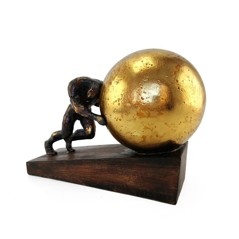 Wholesales artificial resin abstract men pushing the gold ball decoration for tabletop gifts