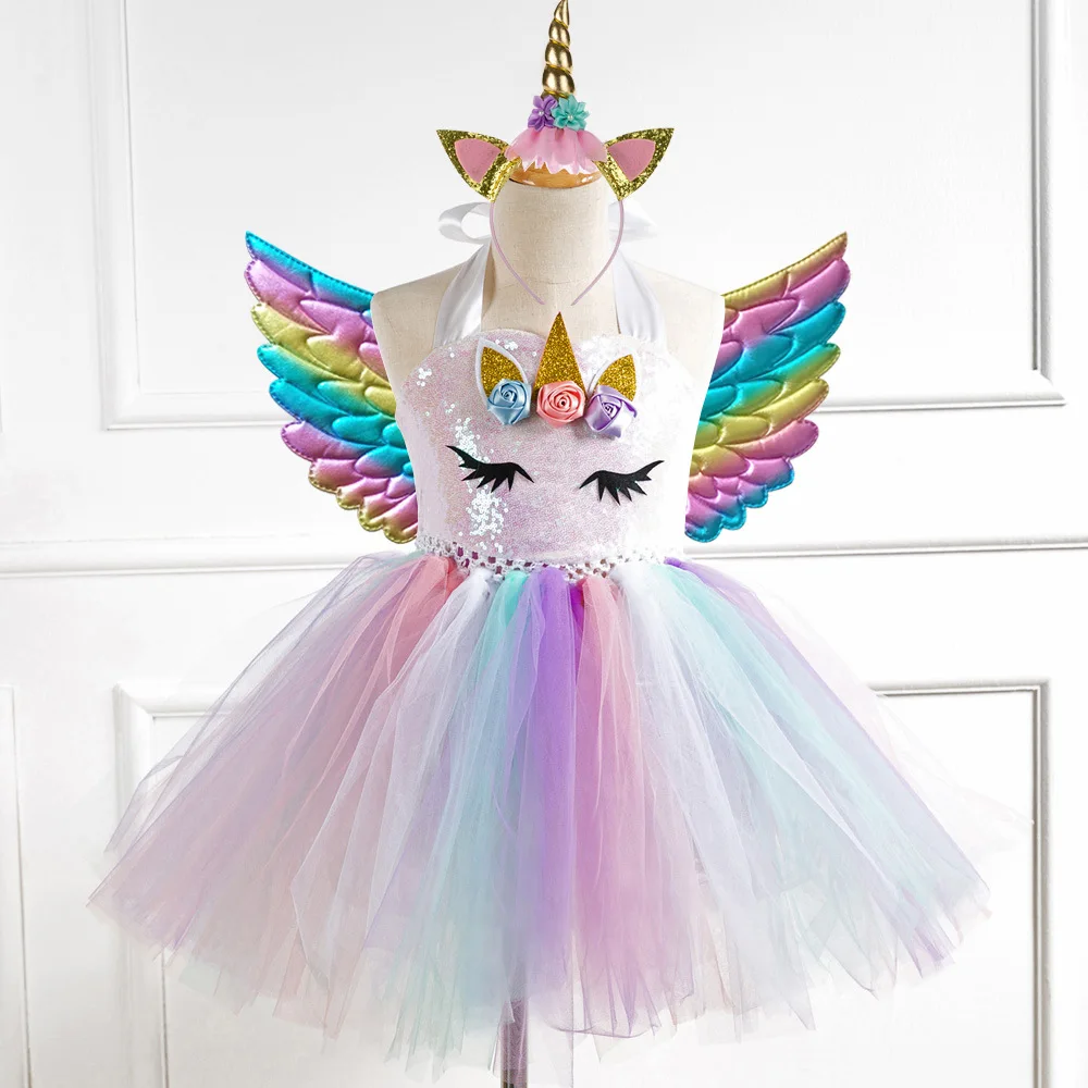 2-12 Years Unicorn Dress Girls With Headband and Wings Birthday Party Kids Girl  Dresses| Alibaba.com