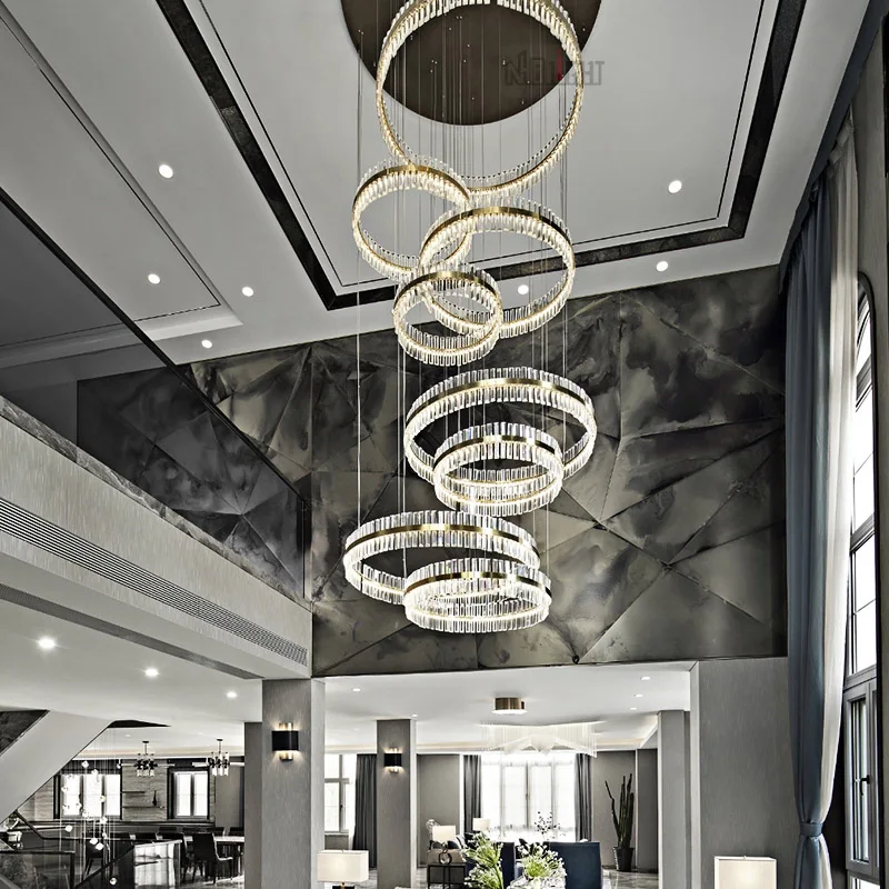 Custom Large LED crystal pendant light lamp decoration big crystal chandelier for high ceiling hotel lobby crystal lighting