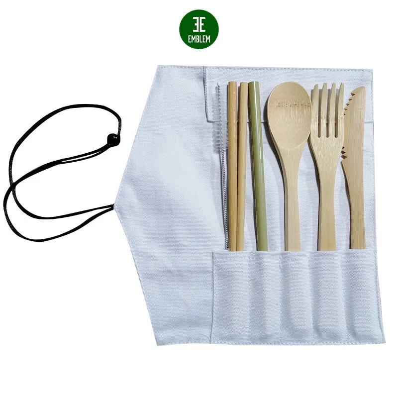 blanco y verde y amarillo cuchillo utensilios de cocina reutilizables de viaje cuchara Juego de 3 cubertería de viaje de bambú cubiertos que incluyen tenedor pajitas y cepillo 
