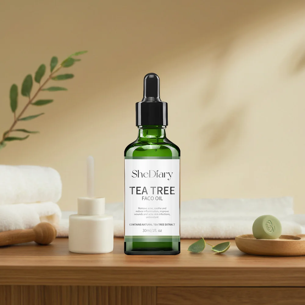 Venta al por mayor de aceite de árbol de té de etiqueta privada 100% puro natural para el cuidado de la piel del rostro, tratamiento de manchas de acné y blanqueamiento con péptidos