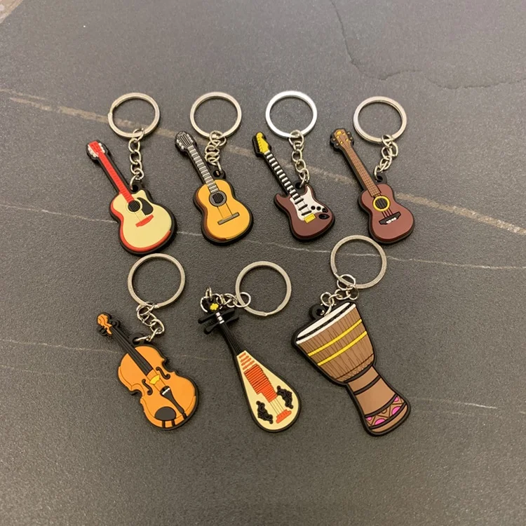 Mini Cartoon Musical Instrument Pvc Keychain 3d Guitar Rubber Keychain in Bulk