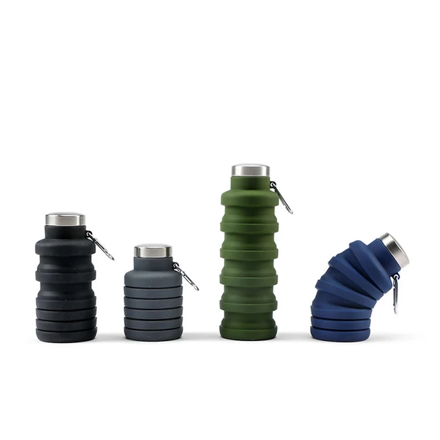 Mountaineering BPA Free Collapsible Silicone Foldable Water Bottle With Carabiner Hook For Backpack